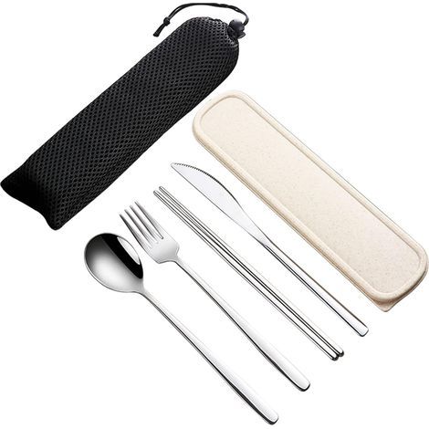 4-teiliges Edelstahl-Besteckset (18/10) mit Box: Gabel, Löffel, Messer, Essstäbchen. Ideal für Reisen und Camping (silber). (1/5)