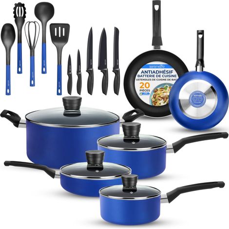 Batterie de Cuisine 20 Pcs – Set de Casseroles, Poêles et Faitout Antiadhésif, Inclut Couvercles, Ustensiles et Couteaux, Compatible Gaz, Électrique et Lave-Vaisselle, Résistante Chaleur (1/5)