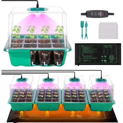Lot de 4 plateaux de démarrage de semis avec lampe de croissance et tapis chauffant, kit de démarrage de 48 cellules avec dôme d’humidité réglable et base, kit de germination pour la culture