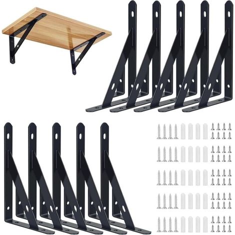 Lot de 10 Équerres Étagère de Fixation Murale, 95x150mm Support Etagère Murale Fixation Flottante Support, Tablette Murale à Suspendre avec Vis, pour Bibliothèque Salon Chambre (1/4)