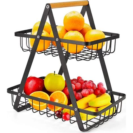 Panier de rangement en métal avec poignée, étagère à 2 niveaux en fil métallique pour tiroir de rangement, panier en fil métallique noir de style rustique pour la maison et la cuisine (1/5)
