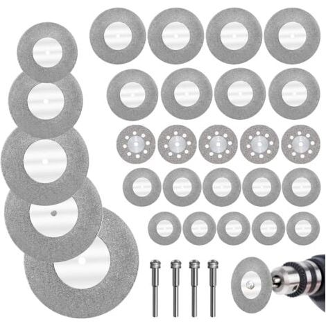 32 minidiscos de corte de diamante con 4 mandriles para vidrio, piedras preciosas, madera, metal y cerámica (16/20/22/25/30/40/50/60 mm) (1/5)