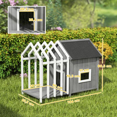 Niche pour chien extérieur en bois maison chien extérieur avec terrasse. porte à lamelles. 106 x 62.5 x 80.5 cm. gris (1/5)