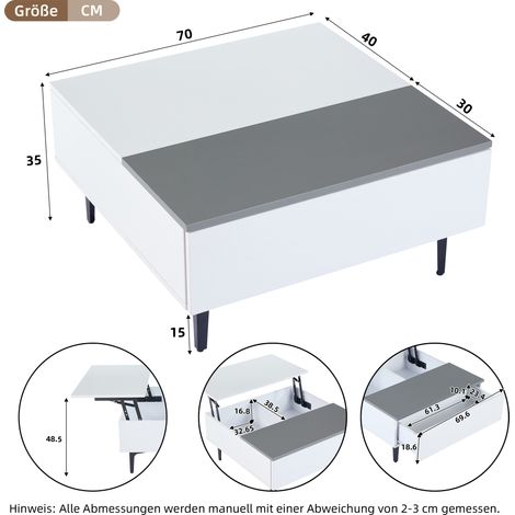 707035cm Couchtisch, höhenverstellbarer Kaffeetisch mit verstecktem Stauraum und Ablagen, weißer Hochglanz-Wohnzimmertisch, Schreibtisch mit LED, Sofatisch mit Schubladen (1/5)