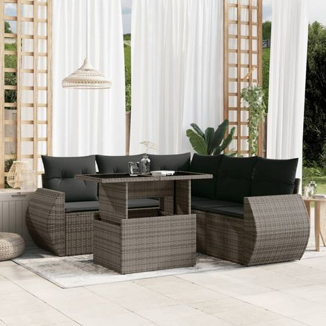 Ensemble Canapé d'extérieur 6 pièces Résine Tressée Gris 100x55 cm incl. Coussins et Table Hauteur Réglable Modulaire (1/5)