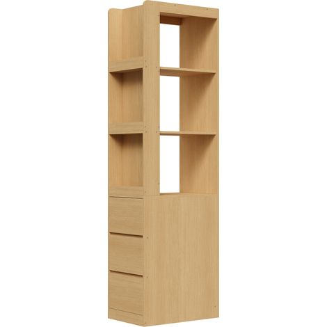 Libreria stretta alta 200 cm in truciolare effetto rovere con 3 ripiani aperti e 3 cassetti (1/5)