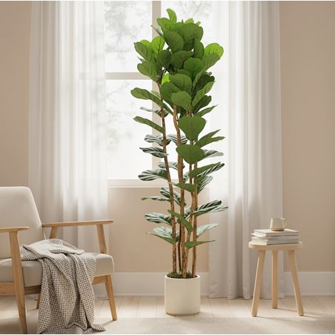 Ficus lyrata artificiel 91 feuilles, tronc en bois, pot blanc, 55 x 55 x 180 cm, vert (1/5)