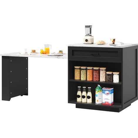 Table haute extensible avec rangement (133-202×70×93,5 cm), 2 tiroirs et 2 compartiments, îlot de cuisine pour 2 à 6 personnes, desserte avec étagères latérales, noir