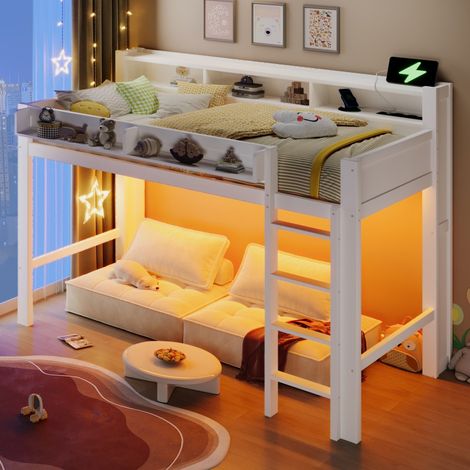 Lit Mezzanine 90x200cm - Lit Enfant en Bois avec Bureau Gain de Place et Prise USB et LED - 3 Placards de Rangement - Blanc (1/5)