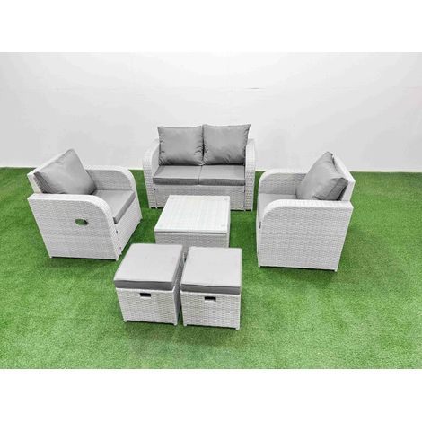 Fimous Light Grey PE Wicker Rattan Garden Furniture Set Sofa Set Reclining Adjustable Chair Square Coffee Table 6 Seater 2 Small Stools (1/4)