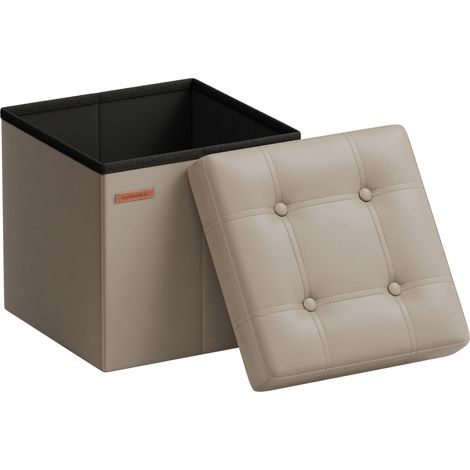 Pouf de 38 cm, Banc de Rangement Pliable avec Couvercle, Repose-Pieds Cube, Surface en PU, Capacité de Charge de 300 kg, pour Entrée, Salon, Chambre à Coucher, Marron Camel (1/5)