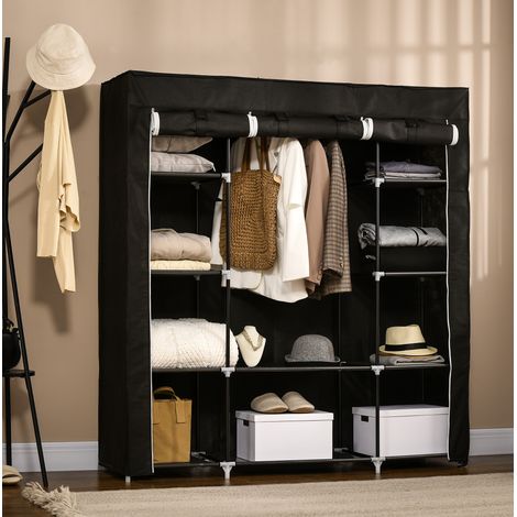 MEUBLIV armario de tela 150x43x162,5 cm negro – puerta con cremallera, 1 barra, 10 estantes (1/5)