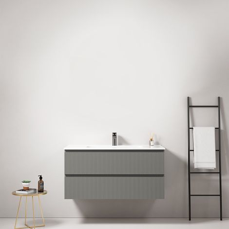 Mobile bagno sospeso cannettato 100 cm Grigio Londra Lavabo in Ceramica Senza Specchio - Fiji Paint (1/3)