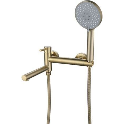 Wandmontierte Badarmatur mit Handbrause, Wand-Badewannen-Duschmischer, 90° schwenkbarer Auslauf, gebürstetes Gold (1/4)