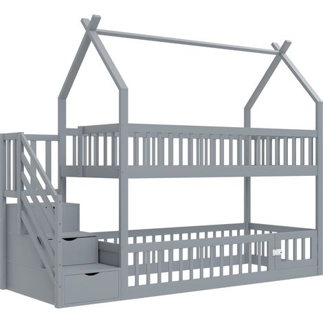 Lit superposé enfant 90 x 200 cm en bois gris avec toit, escalier sécurisé et tiroirs de rangement (1/5)