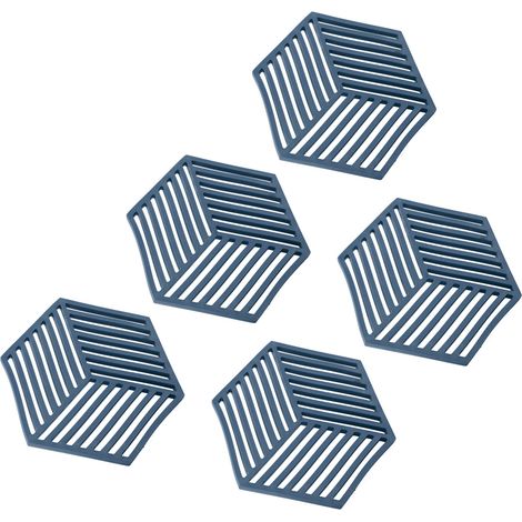 Lot de dessous de verre hexagonaux en silicone résistant à la chaleur, bleus, pour boissons, table en extérieur et plats chauds. (1/5)