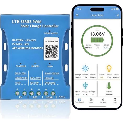 Régulateur de charge solaire Bluetooth 20A 12V Régulateur de charge solaire 12V 24V Contrôleur de charge solaire intelligent PWM avec port USB PV:50V pour batteries au plomb, LiFePO4 (1/5)