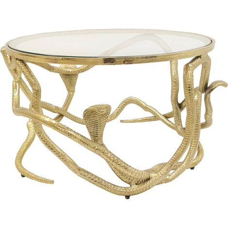 Tavolino basso VIPEREA rotondo 67 cm dorato con serpenti in alluminio e vetro temperato