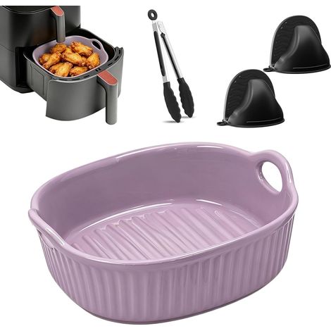 Plat à Gratin en Céramique 650 ml, Plat Carré avec Poignées, Compatible Four, Micro-ondes et Lave-Vaisselle, Anti-Rayures, Inclut 1 Paire de Maniques et 1 Pince de Service, Violet (1/5)