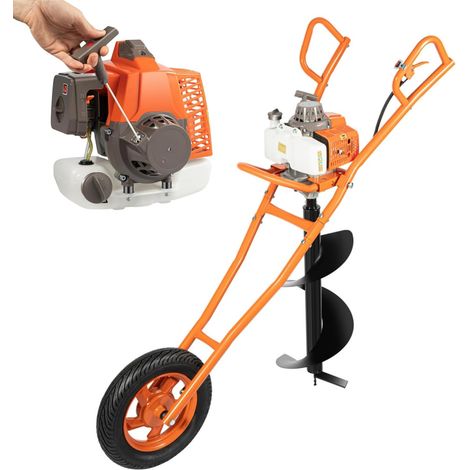 HAUTOUR Tarière à Essence 2 Temps, Tarière Thermique à Roues de 63 CC 2,2 KW, Tarière à Essence pour Pieux, Tarière de Jardin avec Accessoires de Forage Ø 300 mm, Tarière à Terre avec Brouette, orange (1/5)