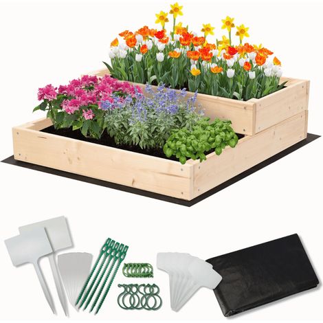 MODO24 Carré potager surélevé en bois, 2 niveaux en cascade, 18x60x63 cm, jardin/terrasse, kit jardinier inclus, naturel