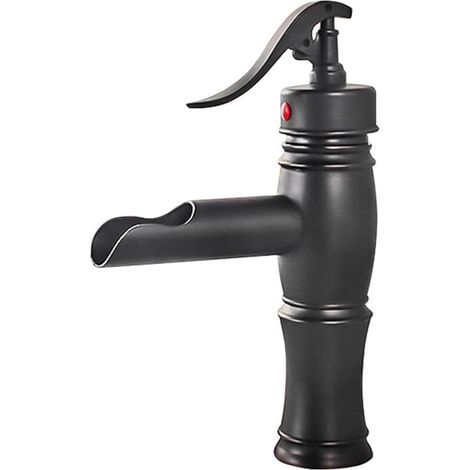 Einhebel-Waschtischarmatur mit Wasserfallfunktion, klassische Einloch-Badarmatur, Warm- und Kaltwasserarmatur (Schwarz, kurz, B) (1/4)