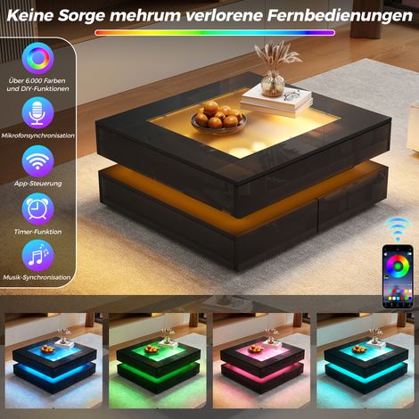 Table basse carrée 70x70x35 cm, plateau en verre trempé, meuble TV géométrique lumineux LED, 3 tiroirs de rangement, laque brillante noire, gain de place pour salon compact. (1/5)