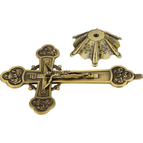 Dekoratives antikes Metallkreuz, katholisches Ornament mit Sockel zur Tisch- und Regaldekoration, Bronze (1/5)
