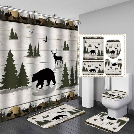 Rideau De Douche - Tapis De Bain Anti-dérapant - Couverture Pour Abattant De WC - Tapis En Forme De U - Ensemble De 4 Pièces - Motif Forêt Rustique - 180 X 180 Cm (1/5)