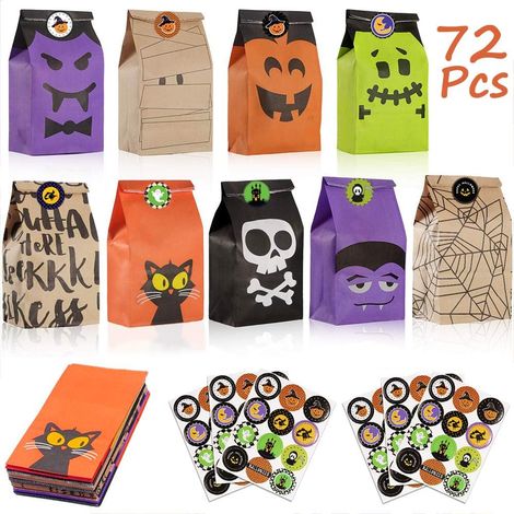 72Pcs Petit Sac Cadeau en Papier Halloween, Viccesse Pochette Papier Cadeau Sachet Halloween pour Bonbons,Biscuits,Cadeaux •Alimentaire •1895.5cm •Papier-kraft Supérieur •9 Motifs •avec Autocollant (1/5)