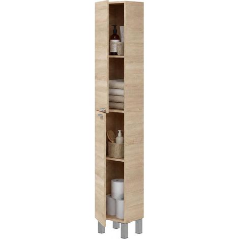 Mobile Colonna Nin, 3 Ripiani, 2 Ante, Reversibile, 30x25x182h cm Marrone Rovere