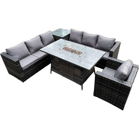 Fimous 7 places PE rotin coin canapé set meubles de jardin foyer au gaz table à manger set table basse avec fauteuils (1/4)