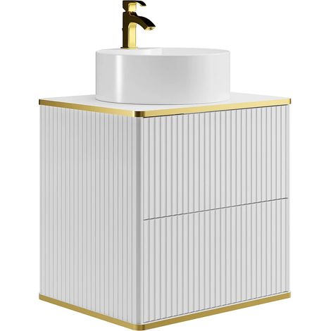 Meuble de salle de bain suspendu strié liseré doré avec vasque à poser ronde - Blanc - L60 cm - KELIZA (1/5)