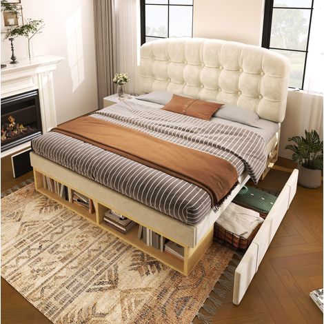 Bett Polsterbett Stauraum mit 90x200 Beige HAVRYA (1/5)