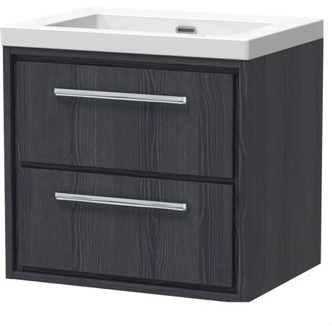 Longnor 2 Drawer Wall Hung Vanity Unit with 1 Tap Hole Modern Fireclay Basin, Woodgrain Graphite Grey, 600mm