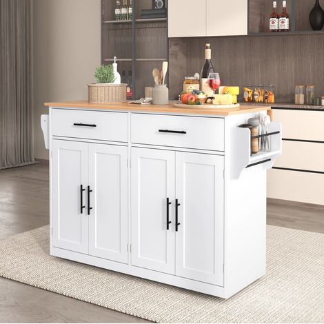 Carrello cucina 120/70/91,5 cm bianco/naturale con piano ribaltabile, ruote e ampio spazio contenitivo (1/5)