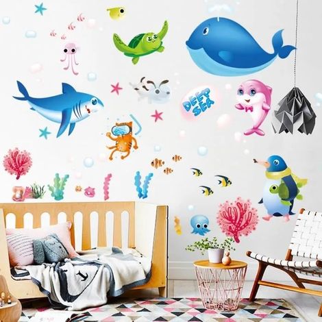 Stickers muraux - Animaux Marins - Dauphin - 50x70 cm - Multicolore - Imperméable et amovible (1/4)