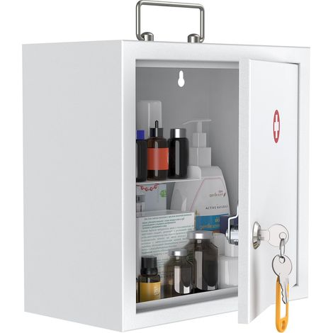 Armoire à pharmacie murale avec serrure à clé et poignée verrouillable - Organiseur médical de taille moyenne - Armoire murale en acier sécurisé - Boîte de rangement en métal - Blanc (1/5)