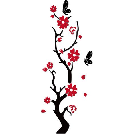 Plum Blossom 3D Acrylique Sticker Mural Nordique Fleur DIY Sticker Mural Miroir Fond Décoration Murale Salon Chambre Mur Fond (Noir Rouge) (1/5)