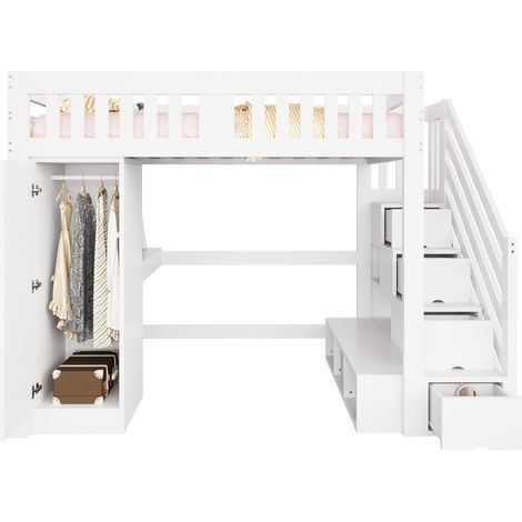 GagaLit mezzanine en bois 140x200 cm avec escalier de rangement, bureau, prise Euro, LED et armoire (1/5)