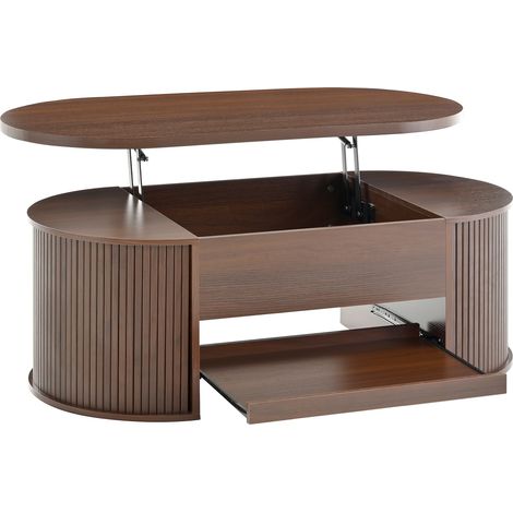Table basse réglable en MDF couleur noyer avec plateau relevable et rangement extensible (1/5)
