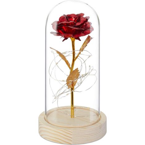 Rose éternelle sous cloche décorative romantique 22 x 11 cm en verre rouge (1/4)