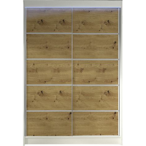 Armario Closico 150, Blanco + Roble Artisan, 200x120x58cm, Puertas de armario: Correderas, Número de estantes: 5, LED (1/4)