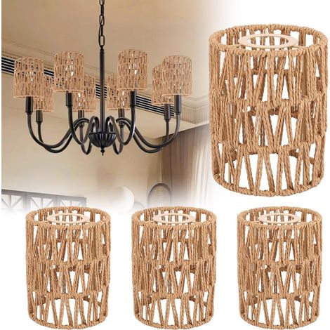 Lot de 4 Abat Jour Boho en Corde de Papier 12x12x15cm Abat-Jour en Rotin Style Bohème Abat Jour Plafond Rotin Naturel Abat-Jour Osier Décoratif pour Lustre, Café, Bar, Maison (1/5)