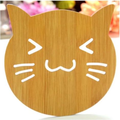 Set de table en bois isolant thermique avec motif de dessin animé — Manique antidérapante, dessous de verre créatif et mignon, dessous de plat (motif chat) (Lot de 6) (1/4)