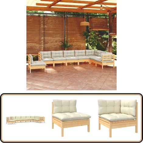 8-tlg. Garten-Lounge-Set mit Creme Kissen Massivholz Kiefer - Garten Lounge Set - Kiefernholzmöbel - Outdoor Möbel - Gartengeräte - Loungemöbel
