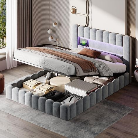 Lit Double Coffre 180x200 cm,Lit Bubble Rembourré avec Espace de Rangement Hydraulique, Fonction de Charge USB et Éclairage LED, Cadre de Lits avec Sommier à Lattes pour Adults et Ado (1/5)