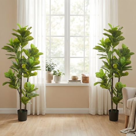 Set di 2 piante artificiali da interno, alte 150 cm, finta pianta di fico a foglia di violino con vaso in cemento, verde