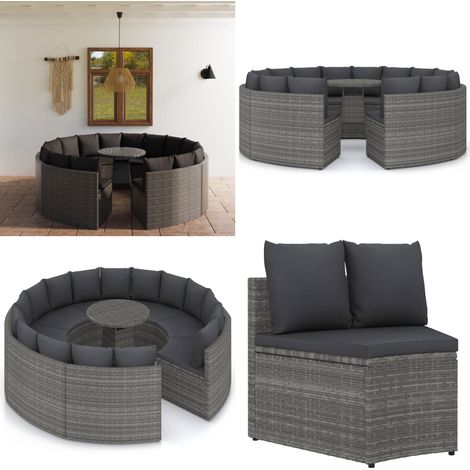 9-tlg. Garten-Sofagarnitur mit Auflagen Poly Rattan Grau - Poly Rattan - Gartenmöbel (1/5)