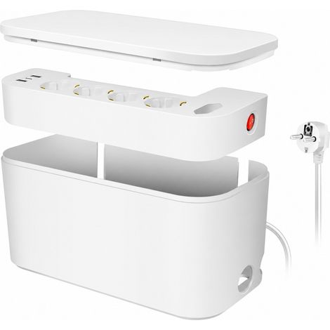 Boîte de gestion des câbles avec multiprise, 5 prises, 3 ports USB, blanche (1/5)
